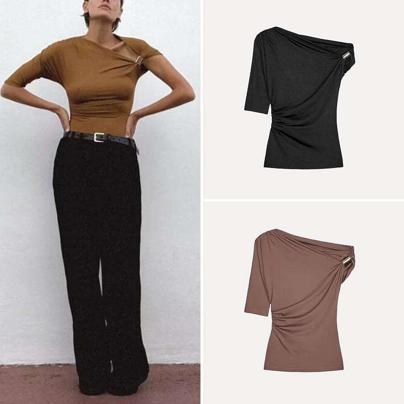 Frühling 2025, asymmetrisch, mehrfarbig, einfach, vielseitig, Damen-SLE-Top, Street Faion, normale Länge, Polyesterfaser-T-Shirt