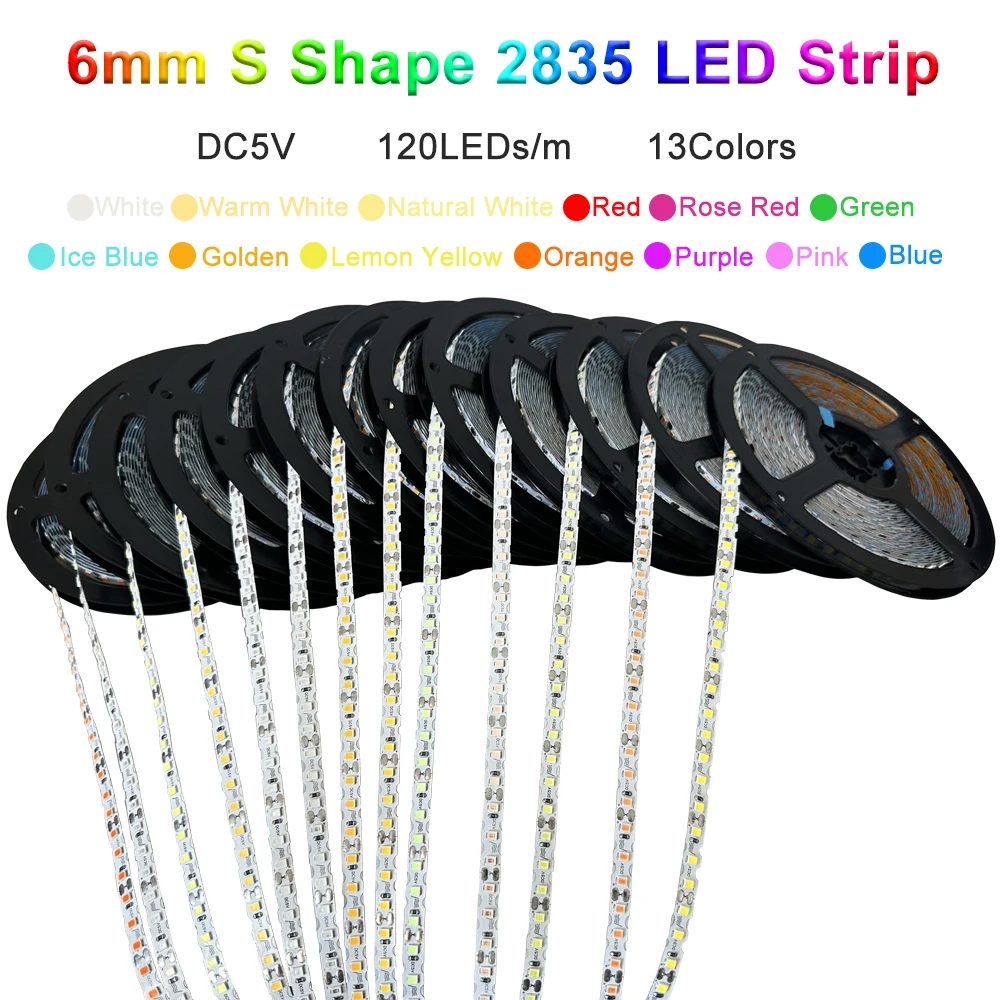 DC5V S Shape 2835 SMD LED Strip 6mm Width Bendable 120LED/m Flexible Foldable String Light DIY Neon Sign Letter 13Color 0.5m-10m