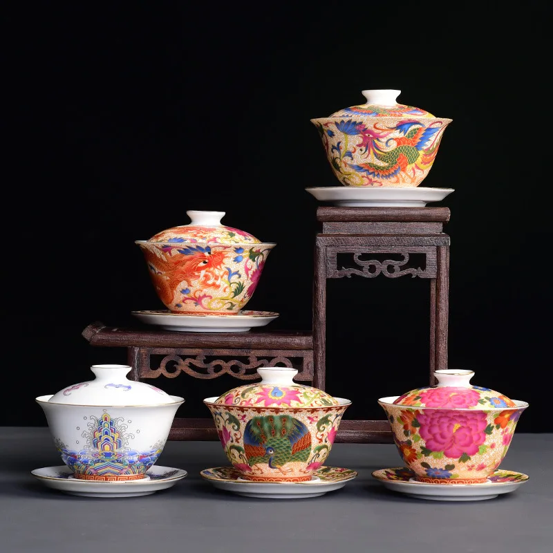 Chinese Kungfu Gaiwan Tea Tureen Intricately Designed Dragon and Phoenix Tea Cups with Elegant Ceramic Color Enamel Teaware