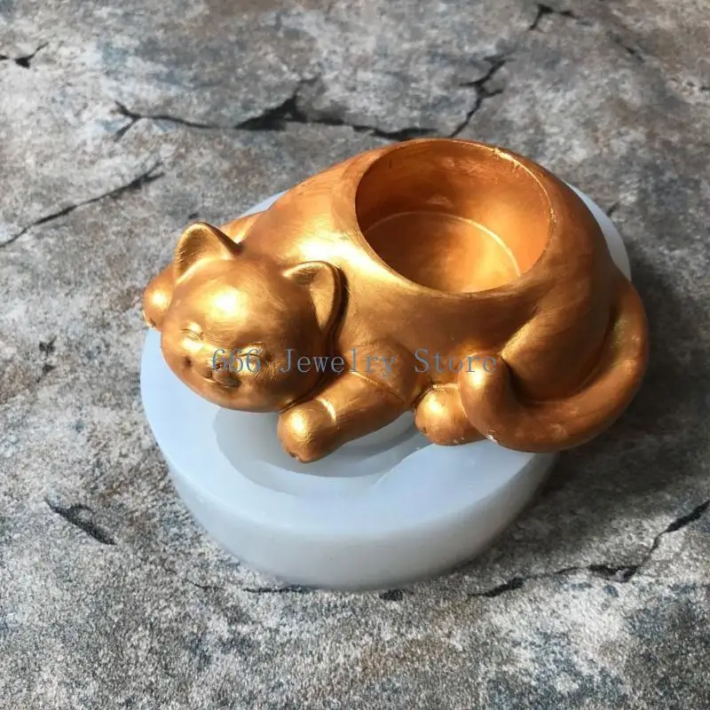 F2TD Resin Casting Candles Holders Silicone Molds for Epoxy Resin DIY Sleeping for Cat Trinket Container Candy Box Home Table