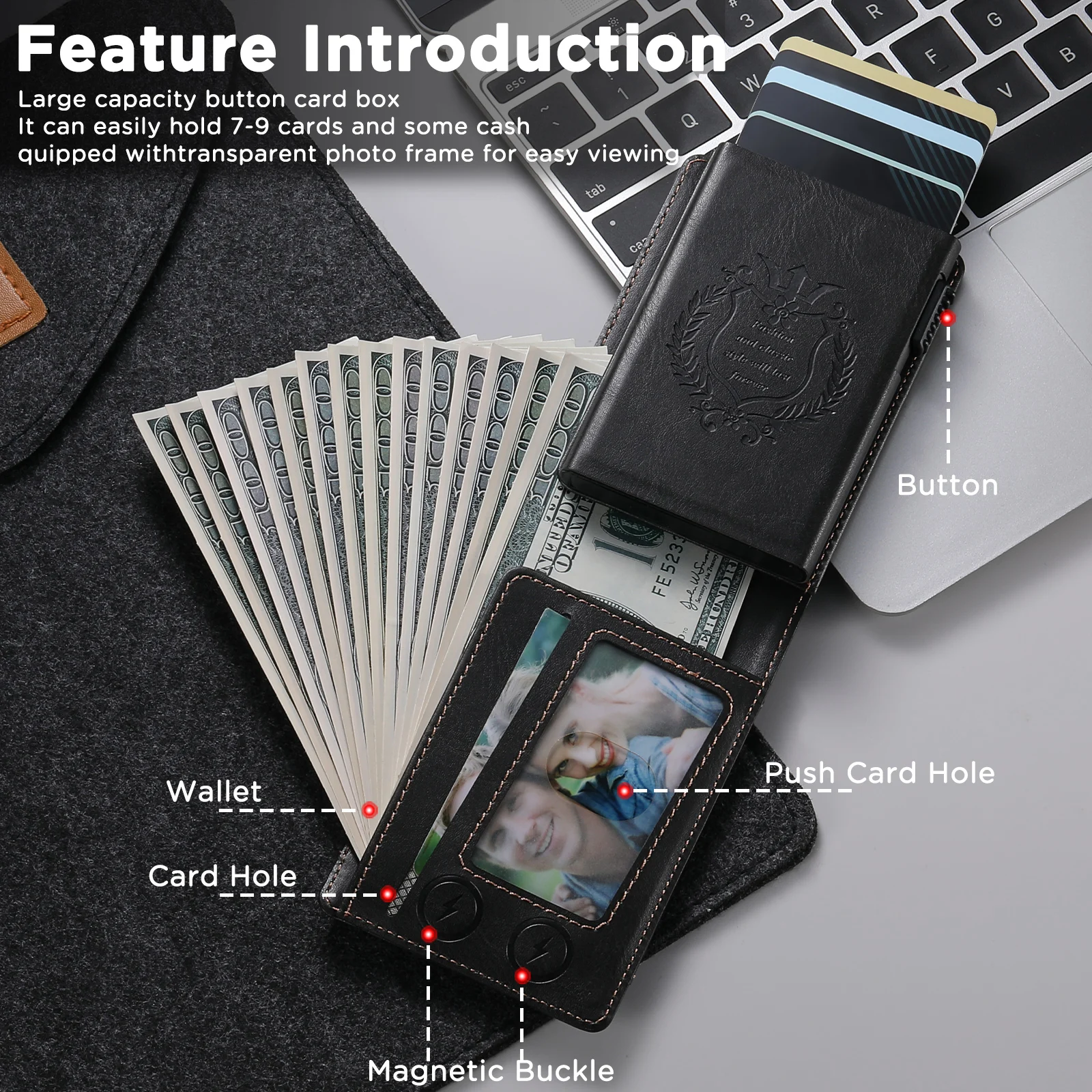 SUTENI Kartenetui mit Kartenfach, Flip-Cover aus Kunstleder, Kartenbox mit Knopfdruckfunktion, der die Karte automatisch herausbringt – Detail 17