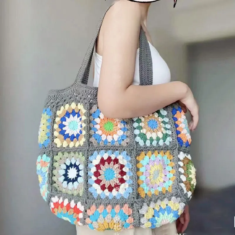 

New Handmade Woven Women's Shoulder Bag, Handbag, Grandmother Pattern Puzzle Shopping Bag, Simple and Fashionable