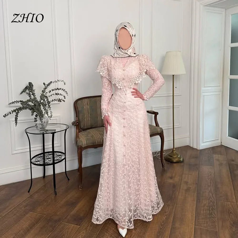 ZHIO Delicate Lace Evening Dress Button Full Sleeves Draped Pink Formal Occasion Prom Gowns Robe De Soirée Customized
