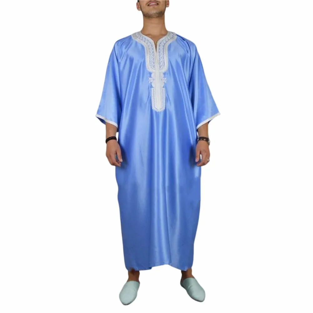 New 2025 African Men's Long Sleeve Blue Robe Middle-aged Casual Summer Clothing 100% Other Material Ethnic Men's Fashion