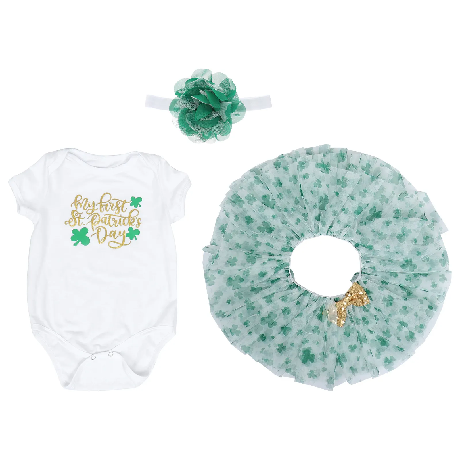 

St. Patrick's Day Mesh Skirt Suit Baby Girls Costume Party Cosplay Uniform Exquisite Jumpsuit Stockings Headband Set