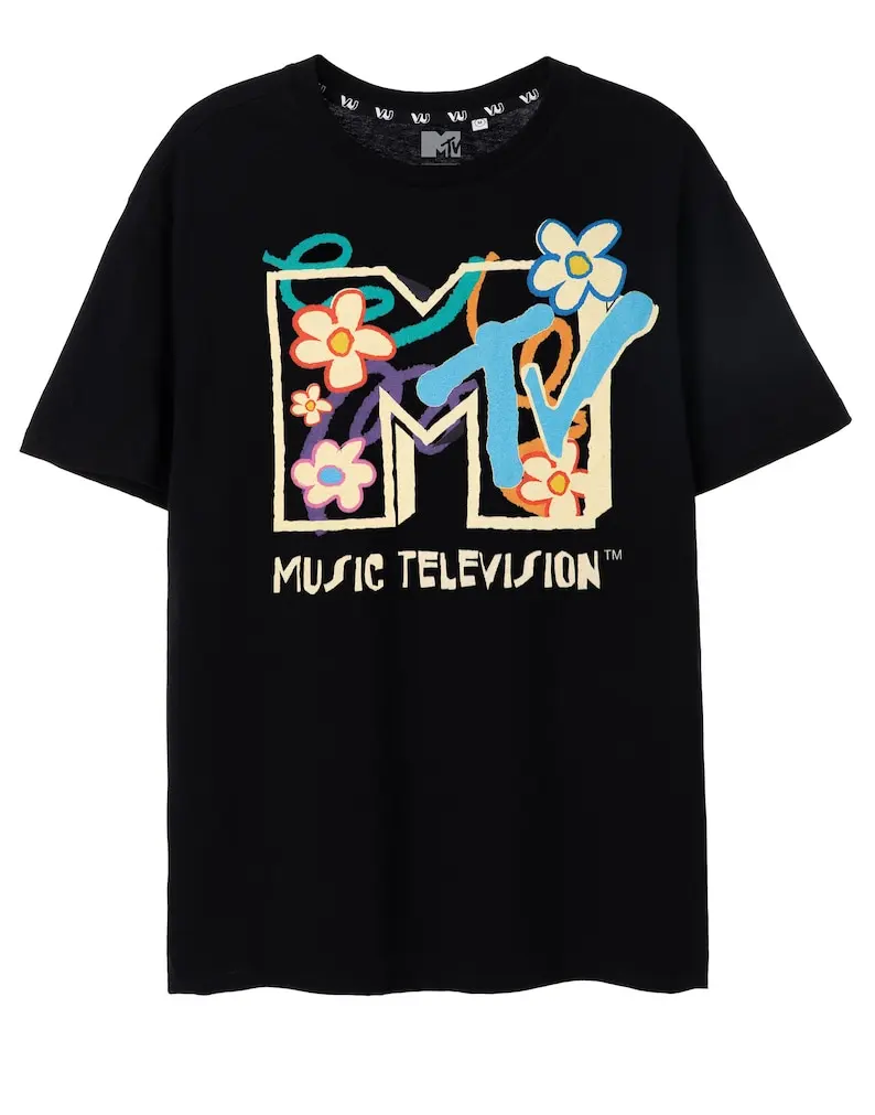 MTV Womens T-Shirt | Ladies Classic Logo & Floral Graphic Tee in Black | Retro Music Television Top | Nostalgic Music Merchandis