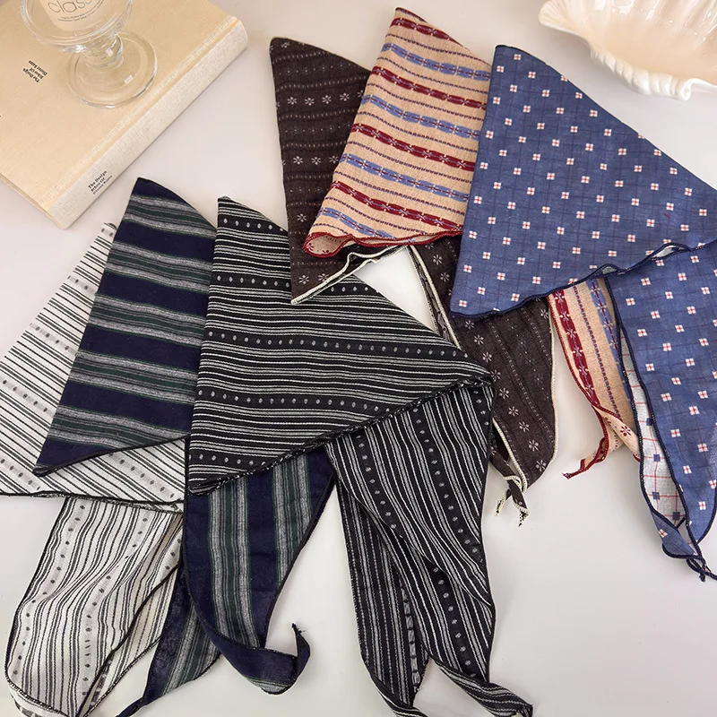 

Cotton Triangle Scarves For Women Striped Floral Print Hair Scarf Literary Girls Linen Shawl Soft & Breathable Retro Headwraps