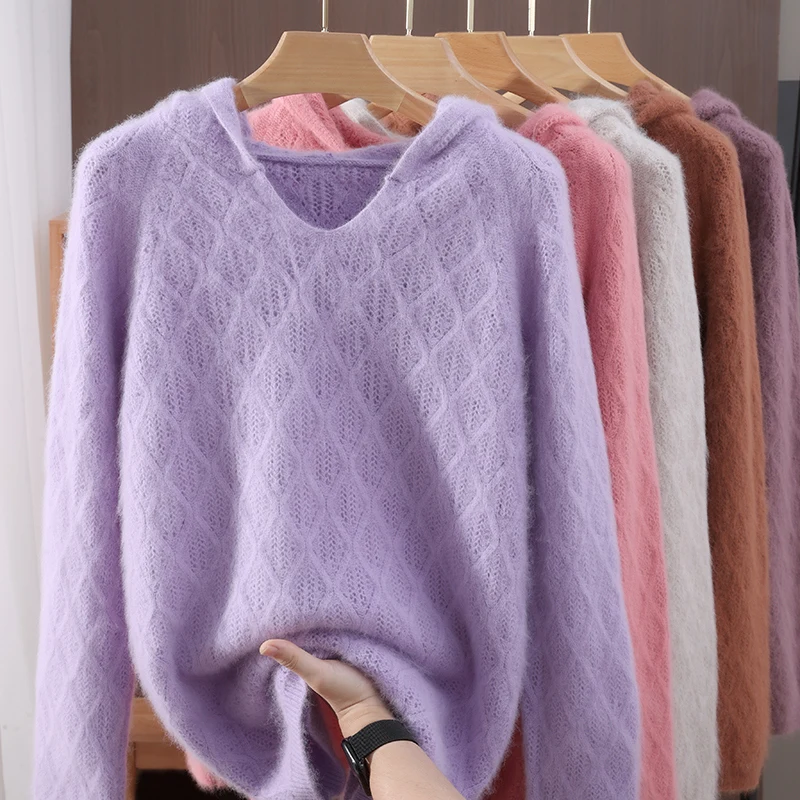 Autumn And Winter New Mink Cashmere Sweater Women's Long-Sleeved Hoodie Loose Thick Sweater Warm Coat Knit Bottoming Shirt - Detail 1