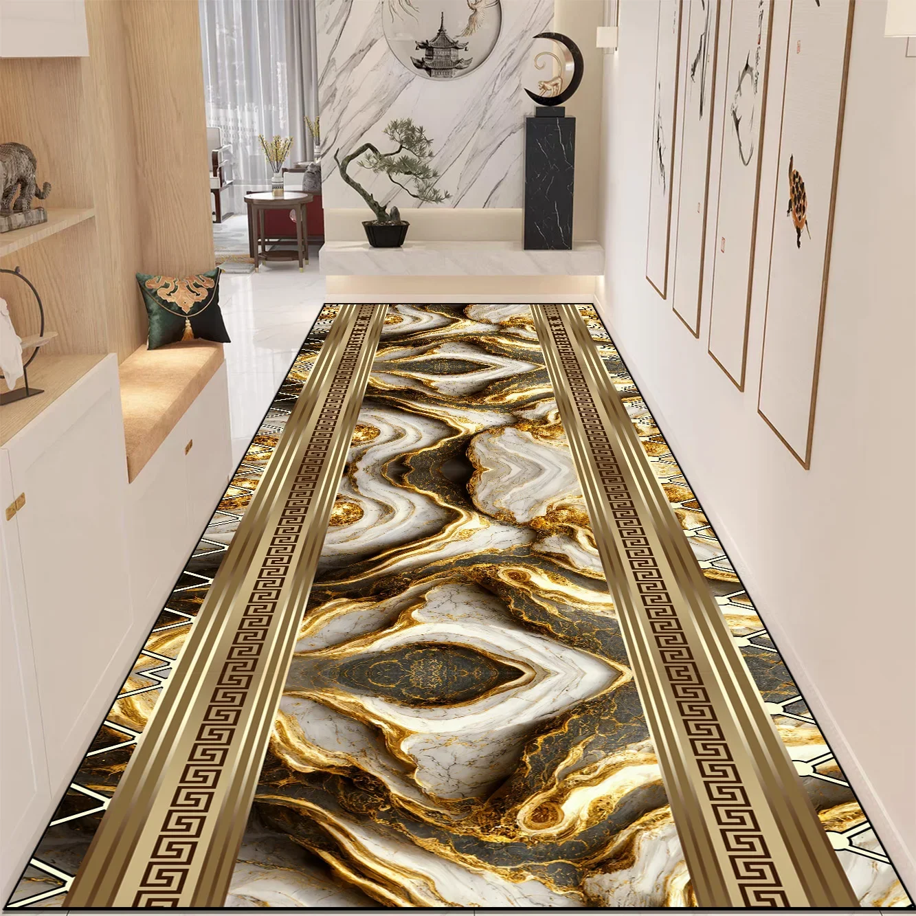 Luxury Hallway Area Rugs Golden Marble Pattern Corridor Rugs Villa Decoration Long Carpet Runner Non-slip Porch Entry Doormat 러그