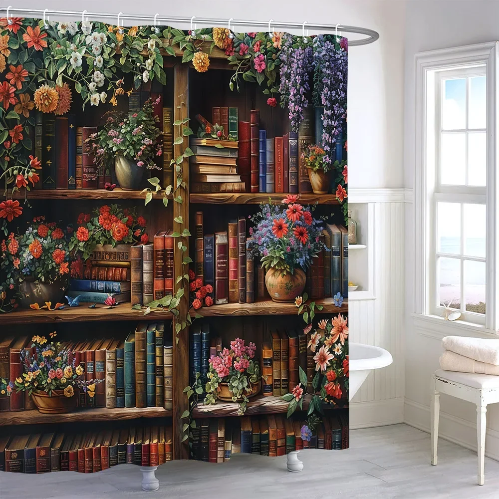 Vintage Bookshelf Shower Curtain Bohemian Botanical Flower Filled Bookshelf Polyester Fabric Shower Curtains Bathroom Decoration