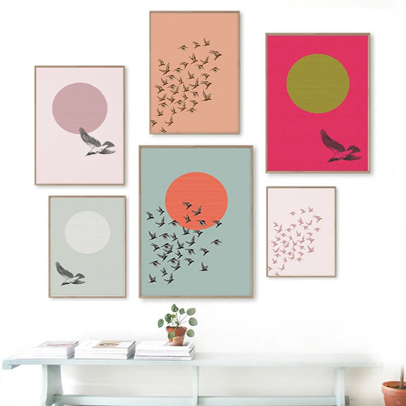 Vintage abstrato escandinavo animal arte da parede cartaz e impressão pássaros voadores minimalista pintura em tela sala de estar decoração casa
