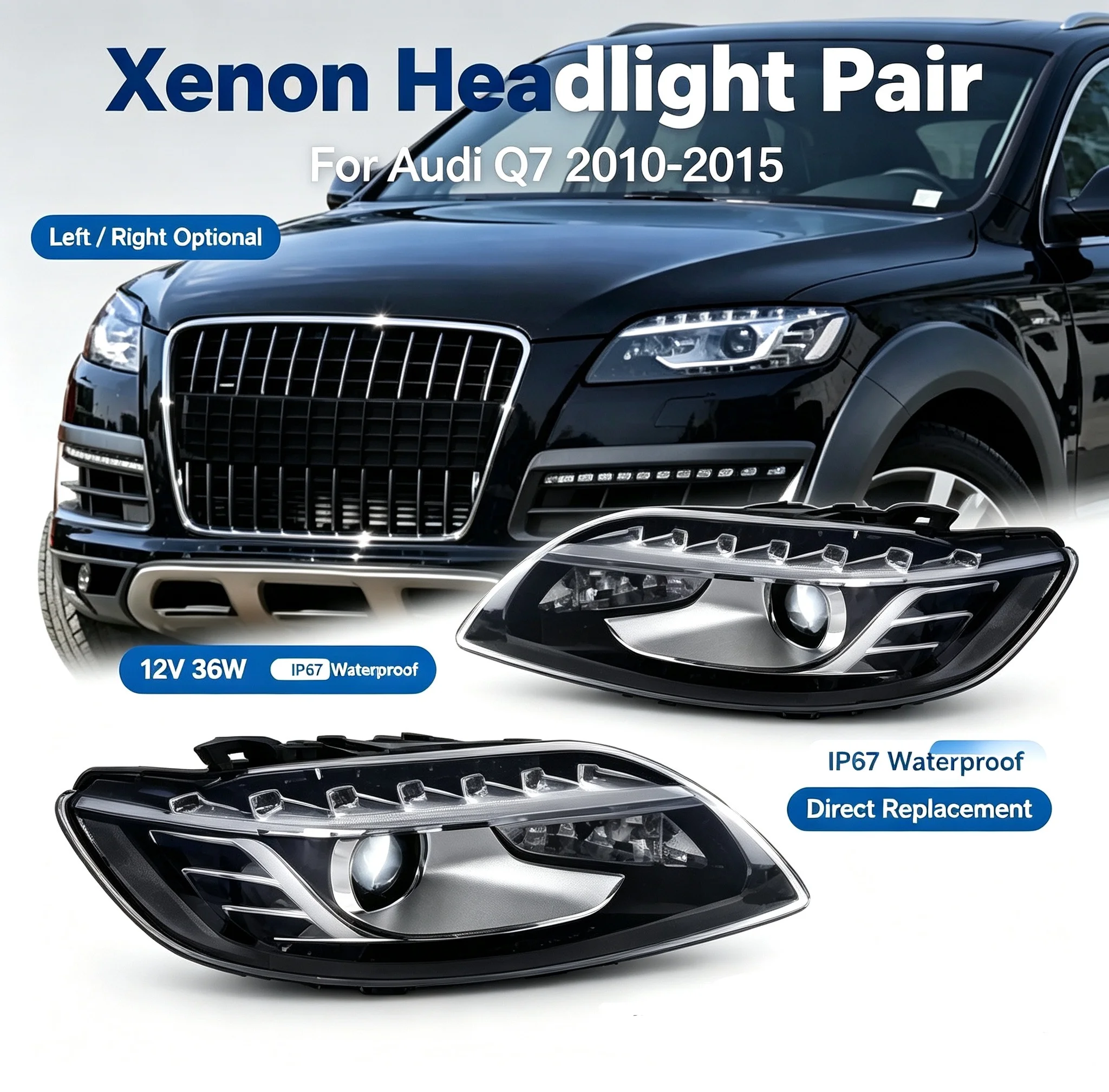 Original Used & Refurbished Xenon Headlight Pair, Genuine Replacement Auto Headlamp for Audi Q7 4L 2010‑2015, Car Accessories
