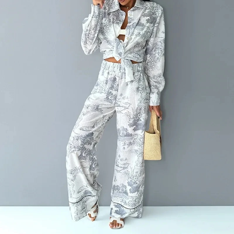 

Autumn Winter Loose Printed Fashion Pants Suit Women's Button Lapel Shirt Elastic Waist Wide Leg Pants Women 2 Piece Set Outfit