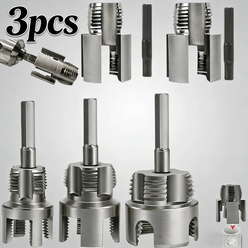 

Набор из 3 инструментов для нарезания внутренней и внешней резьбы на трубах, универсальный инструмент для нарезки резьбы на трубах ПВХ/пластиковых трубах диаметром 1/2", 3/4" и 1 дюйм