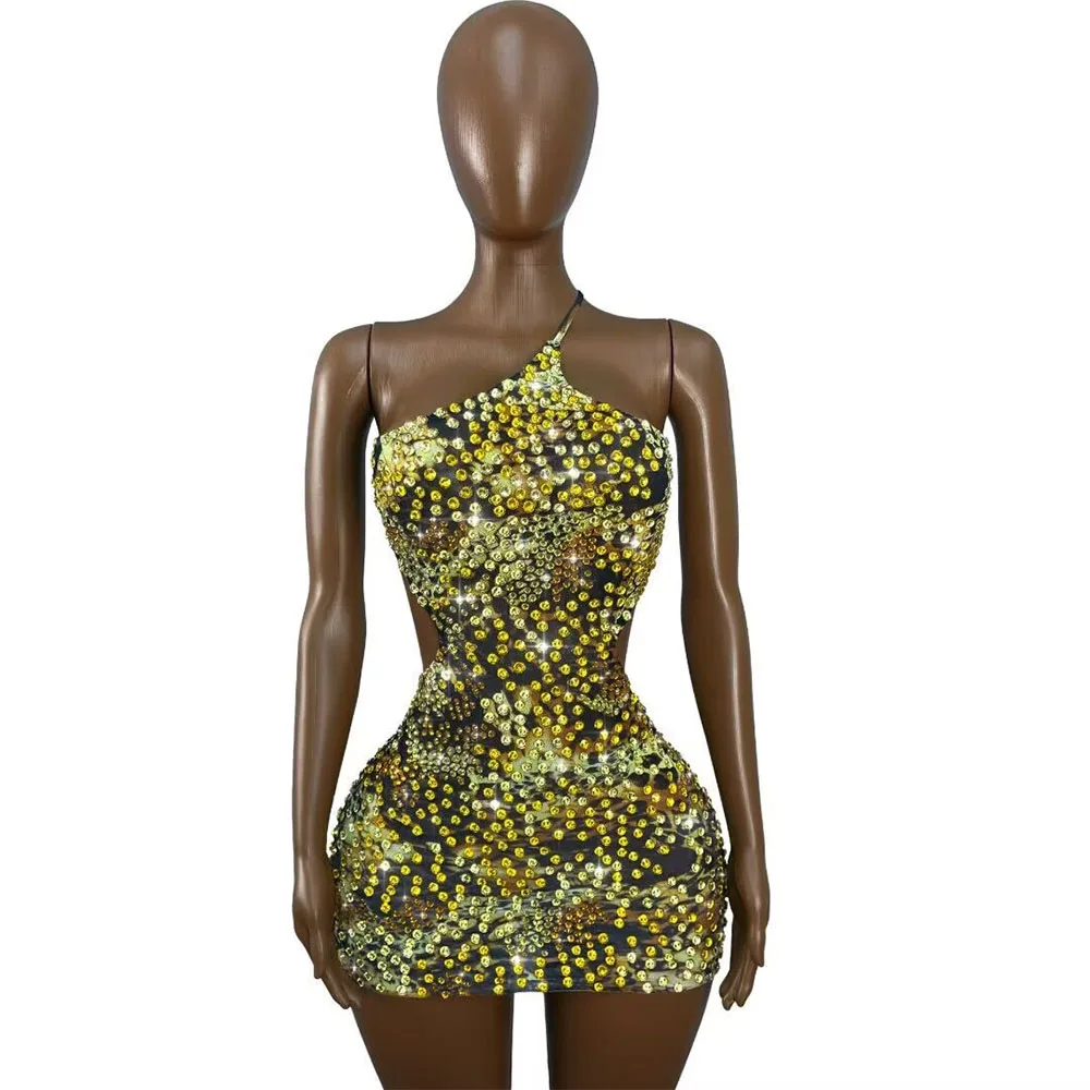 Sexy Leopard print Shining Rhinestones Cultivation Mesh Backless Dress Birthday Party Fashion Show Stage Wear Performance Outfit