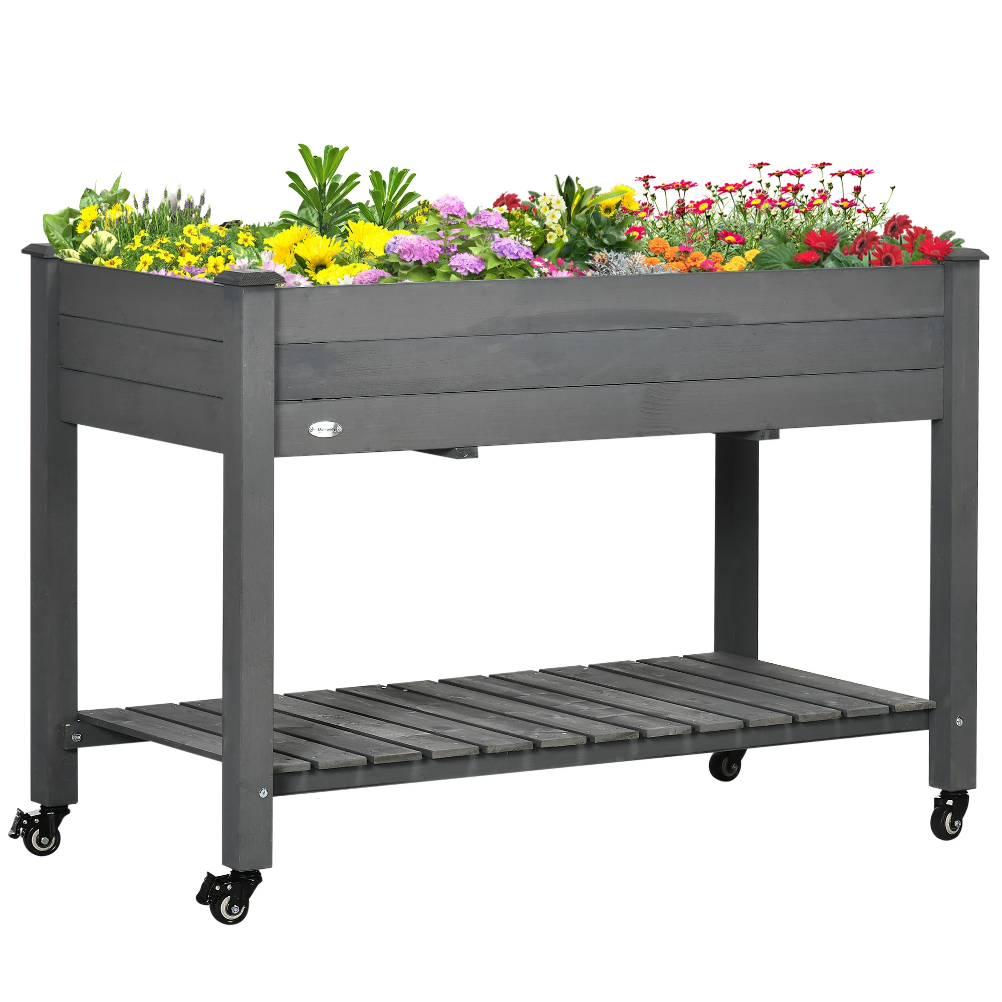 

Raised Garden Bed, 47" x 22" x 33", Elevated Wooden Planter Box with Lockable Wheels, Storage Shelf, and Bed Liner, Dark Gray