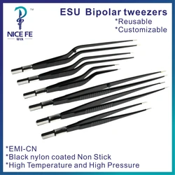 Bipolar Forceps Tweezers Straight tip IEC for Electrosurgical unit,Black nylon coated Non Stick Bipolar Bayonet Clamp