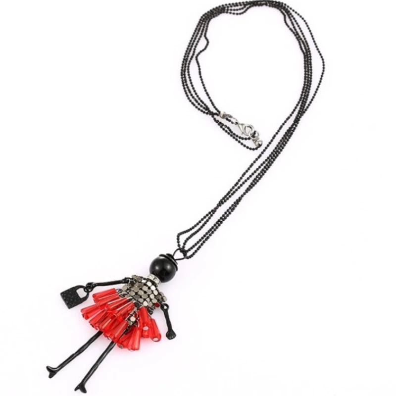 Korean Fashion Women\'s Sweater Chain Necklace Black Red Cartoon Doll Pendant Beads Link Necklaces For Women Christmas Gift