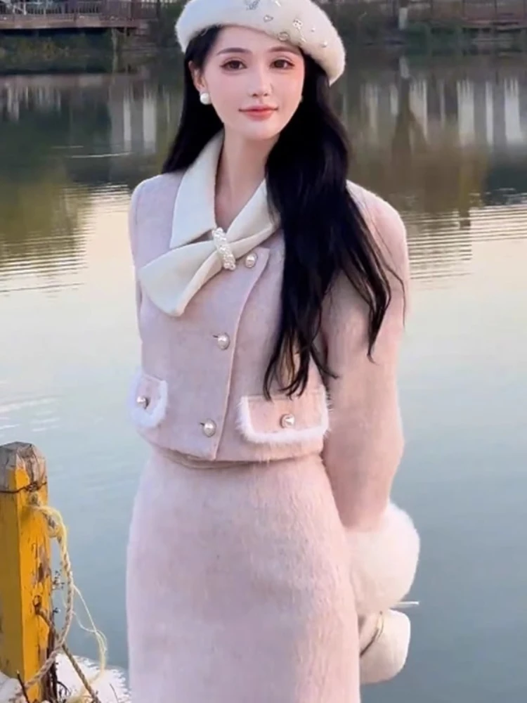 Elegant Pink Woolen Suit Autumn/Winter New Pearl Woolen Sleeve Splicing Short Coat+Split Long Skirt Slimming 2-Piece Set Women