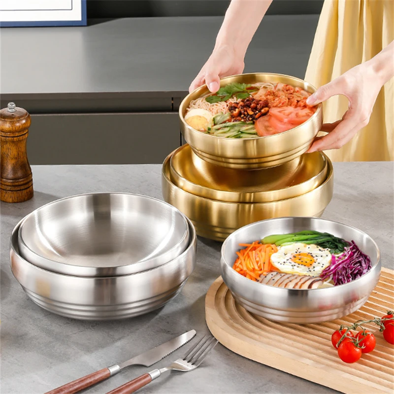 

Korean Style Double Layer Cold Noodle Bowl Stainless Steel Large Salad Rice Soup Bowls Ramen Bowl Kitchen Insulation Tableware