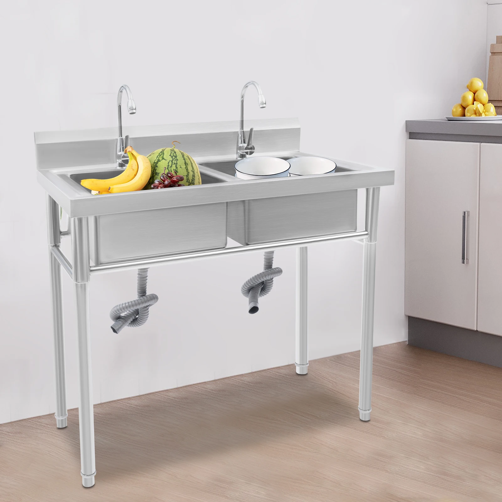 

Commercial 2-Compartment Stainless Steel Utility Sink with Faucet- Free Standing Kitchen Sink for Restaurant, Garage & Laundry