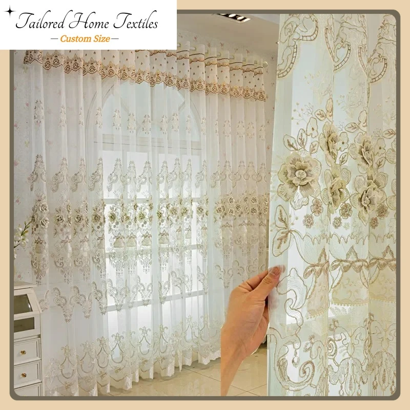 

European High-grade Luxury Balcony Floating Window Gauze Embossed Embroidery Curtains for Living Dining Room Bedroom White Lace