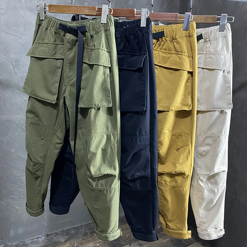 

Молодежные повседневные хлопковые брюки цвета хаки, мужские модные свободные брюки с поясом, уличная рабочая одежда, модная уличная одежда для подростков