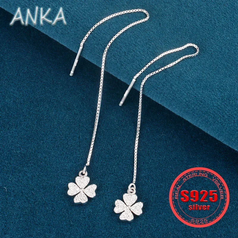 S925 sterling silver four-leaf clover ear wires simple niche temperament tassel senior sense of long women's ear jewelry