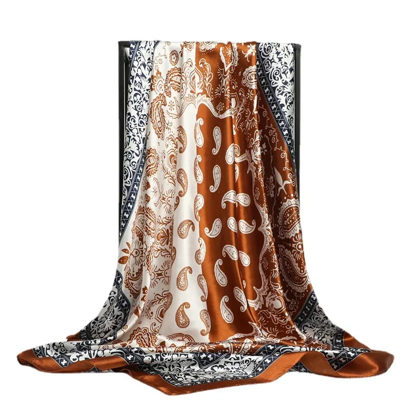 

90*90cm Two-Tone Cashew Print Scarf Vintage Silk-Like Shawl Lightweight Headscarf Wrap