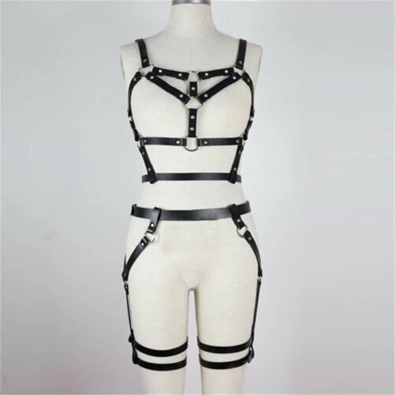 Black Leather Garter Two Piece Set Sexy Bra Cage Adjustable Suspenders Belts Metal Rivet Clubwear For Lady harness Hot Selling