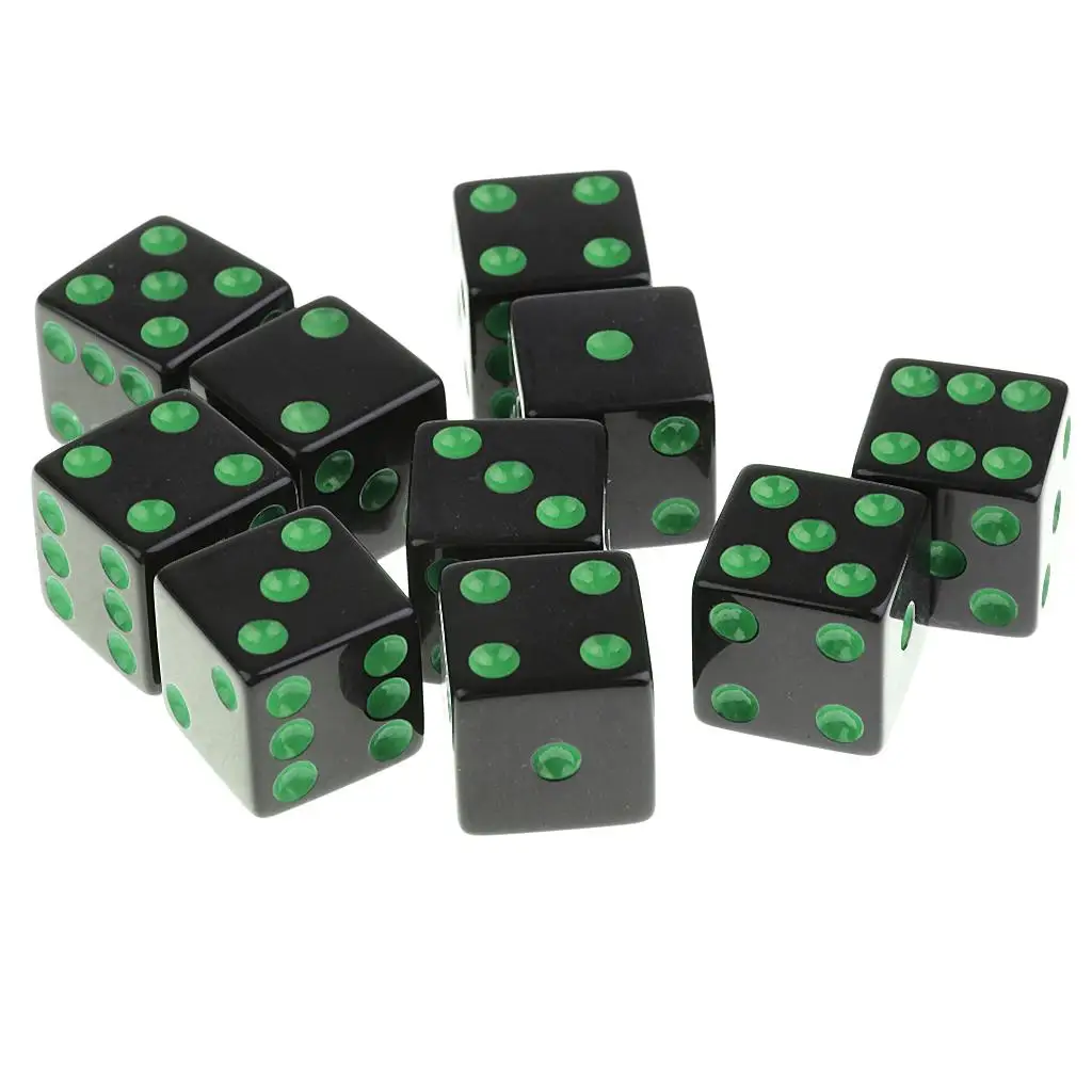 10Pcs Acrylic 6 Sided Opaque D6 16mm Standard Dice Black for D&D Board Games