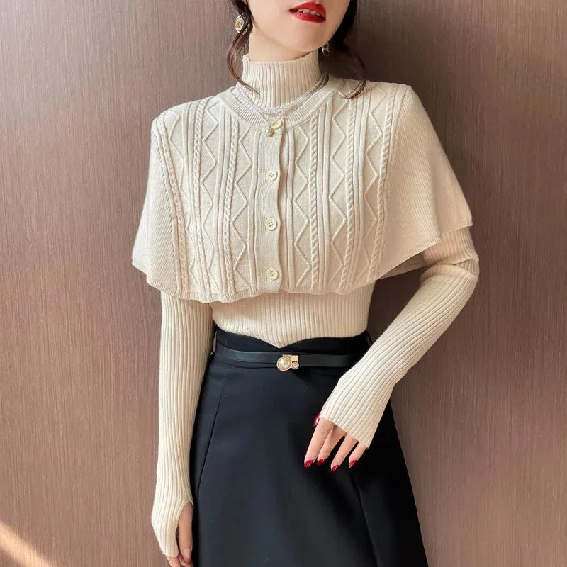 New Winter 2 Pieces Set Women Turtleneck Cloak Sweaters Top And V-neck Long Sleeve Pullovers Knitting Korean Ladies Elegant Tops