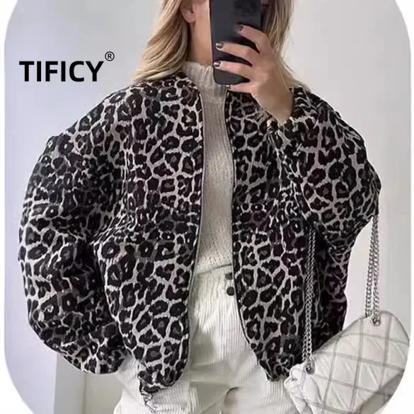 Autumn and Winter Warm Coats Women's New Leopard Print Printed Jacket with Round Neck Zipper and Loose Streetwear Jacket