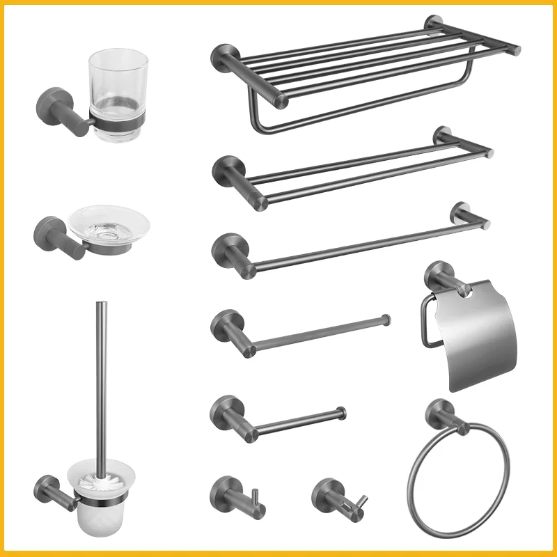 Grey Bathroom Hardware Set Accessories Kit Stainless Steel Round Wall Rack Hand Bar Toilet Roll Paper Holder Robe Towel Hook