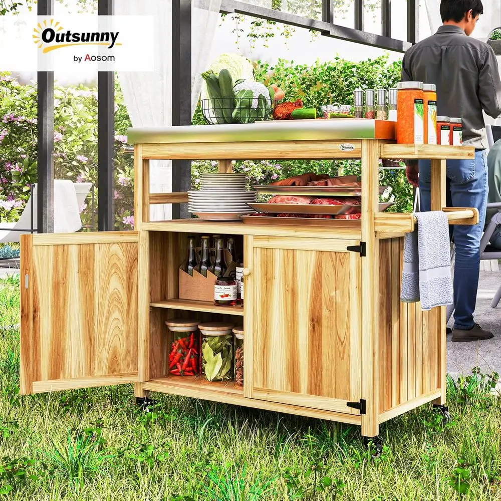 Portable Wooden Outdoor Kitchen Island with Stainless Steel Top and BBQ Features