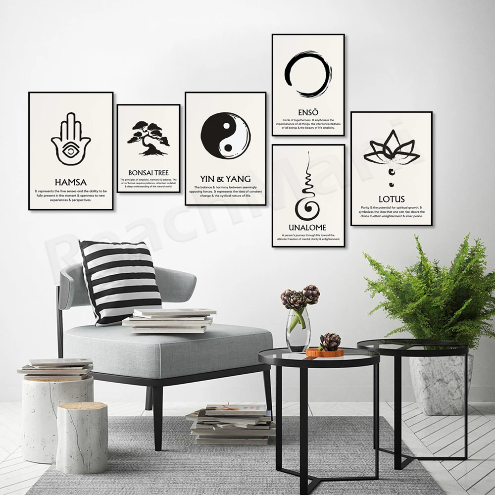 Zen Symbols and Meanings, Lotus Zen, Enso Zen, Yin Yang Zen, Bonsai Zen, Hamsa Zen, Unalome Zen, Meditation Spirituality Poster