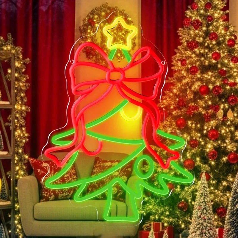 クリスマスツリーネオンサイン-赤いリボン-ledアクリルネオンライトアップサイン-壁飾り用-調光可能-ホームウィンドウパーティー-クリスマスデコレーション