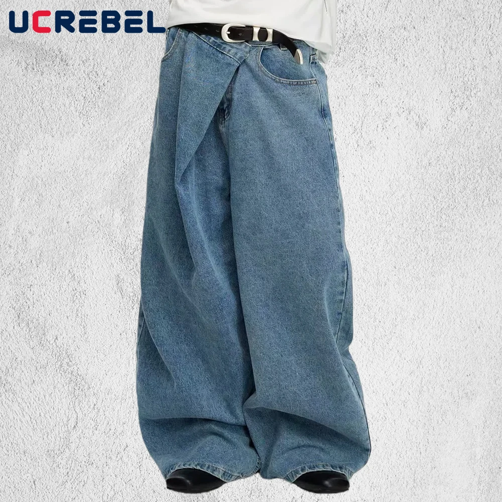 

Асимметричные джинсовые брюки, мужские потертые потертые уличные мешковатые широкие джинсы в стиле ретро, мужские брюки