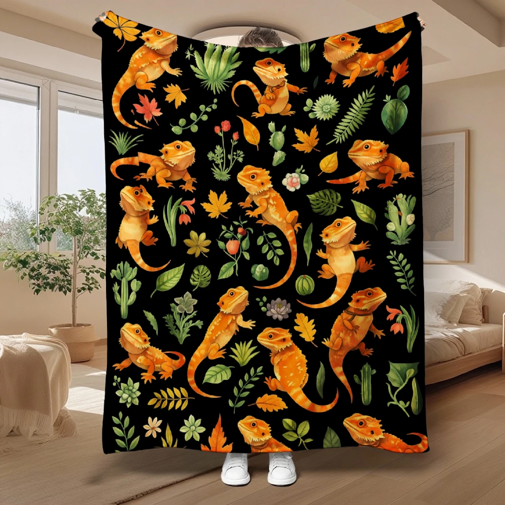 Cute Bearded Dragon Pattern, Reptile Lover Gift, Soft Fleece Blanket, Orange Lizard And Green Leaf Design, Cozy Home Decor Throw