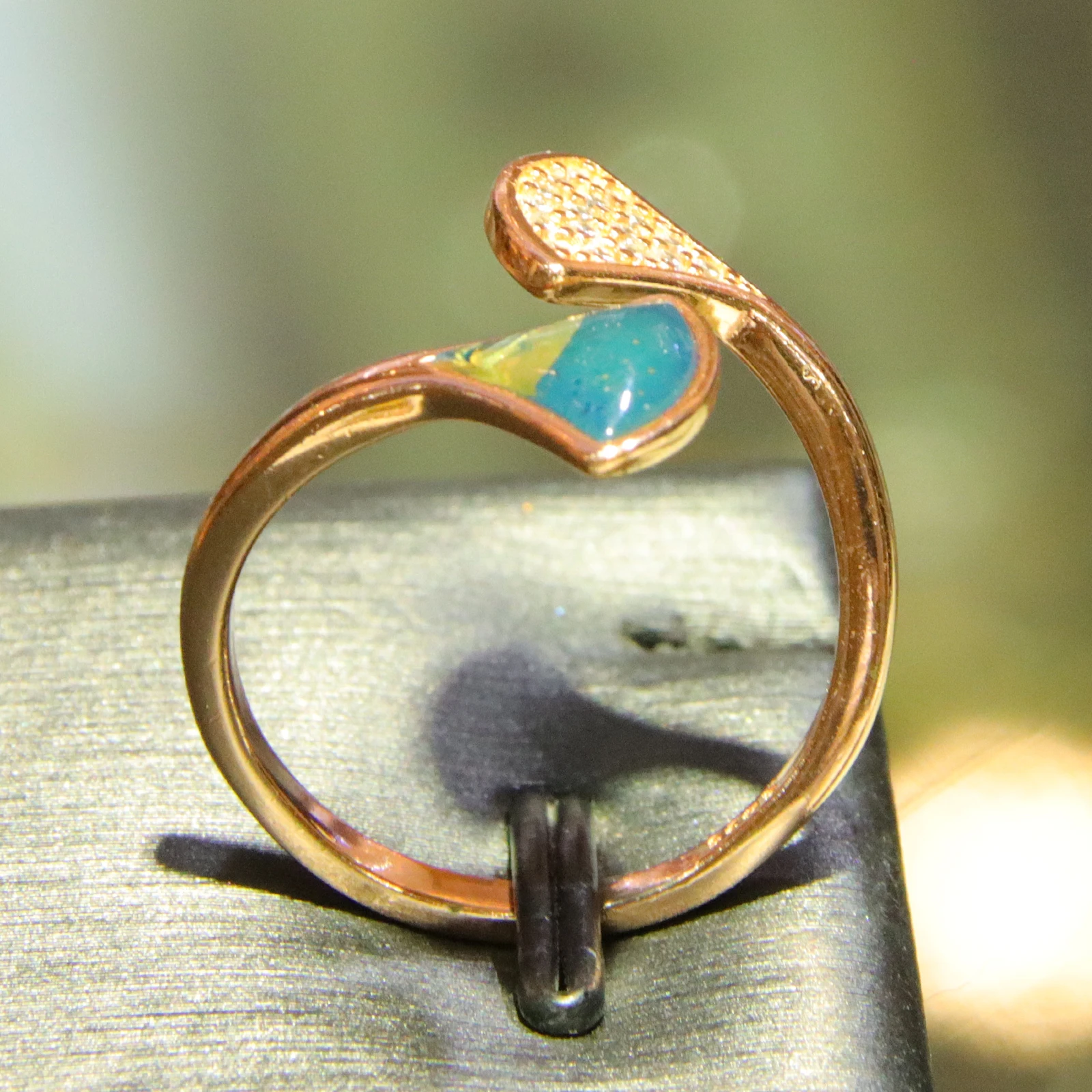 

Asymmetrical Teardrop Blue Amber Ring Sterling Silver Rose Gold Plated Adjustable with Diamond Gift for Her Love Promise Jewelry