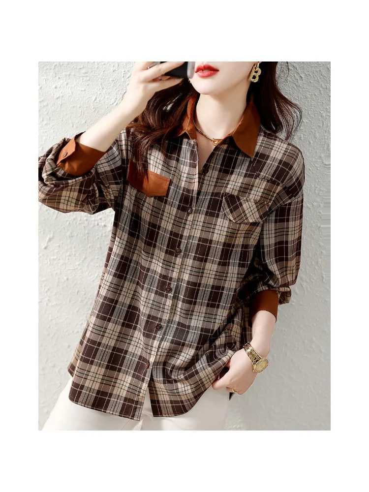 Autumn 2022 new autumn checkered patchwork contrasting loose classic plaid long sleeved versatile shirt women tops