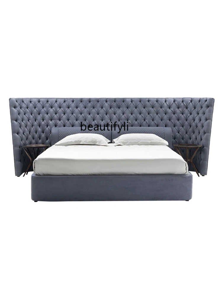 Modern Light Luxury Simple Retro Style Bed Furniture Bedroom Genuine Leather Soft Cushion Solid Wood Double Bed Furniture