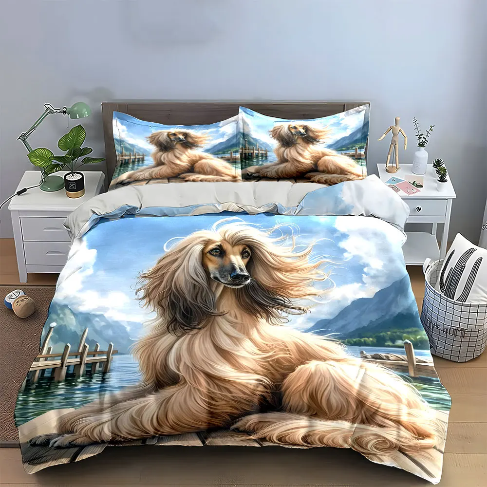 

3Pcs Scenic Dog Bedding Set, Graceful Afghan Hound on Mountain Lake Dock Print Duvet Cover, great home Decor, gift