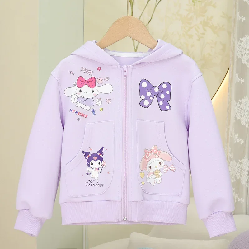 Casaco e calças de manga comprida infantil, roupa de anime kawaii, Kuromi, moda Sanrio Ins, fofo, presentes infantis, primavera e outono, 2 peças