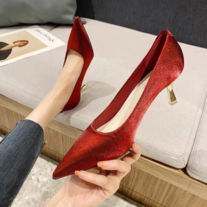 

Women's Slip-On Satin Heels , Pointed Toe Stiletto Pumps Summer Dress Shoes, One Step Flatless Elegant Pumps in Multipl
