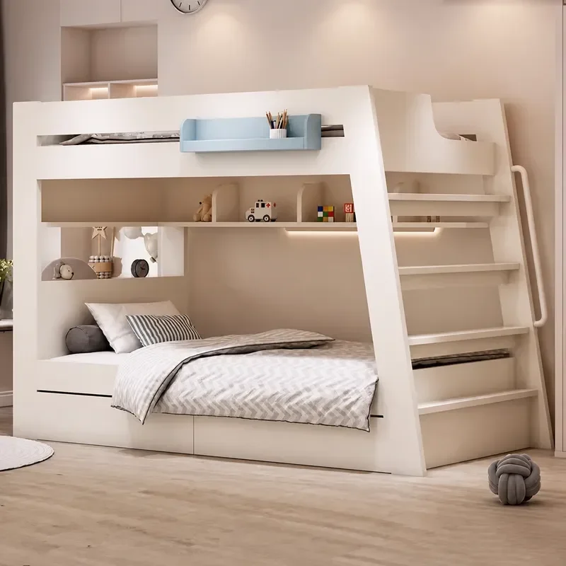 Space Saving Parallel Bunk Bed Same Width Upper and Lower Beds High Low Loft Bed Frame for Small Apartment Dormitory Bedroom