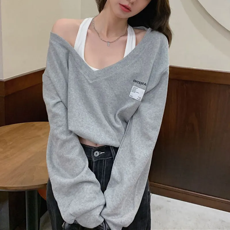 Female Clothing Fake Two Pieces Sweatshirts Korean Long Sleeve Spring Autumn V-Neck Loose Letter Stylish Patch Designs Pullovers