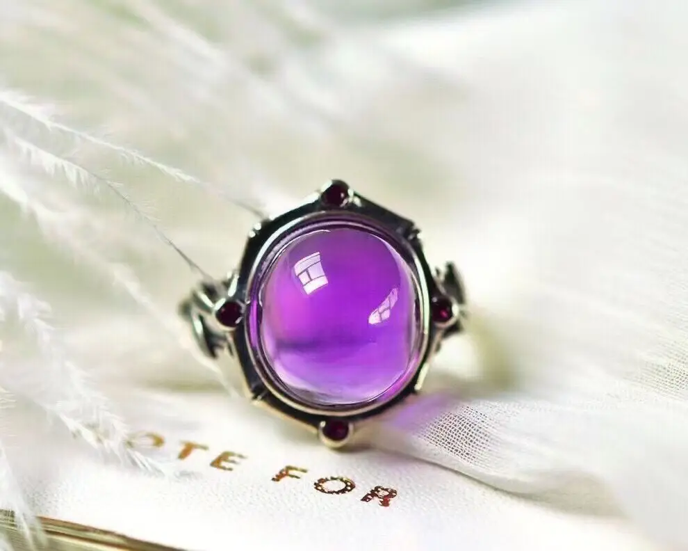 

Certificated 925 Silver Natural Brazilian Amethyst Ring Vivid Violet Cabochon Gemstone Band Handcrafted Vintage Fine Jewelry