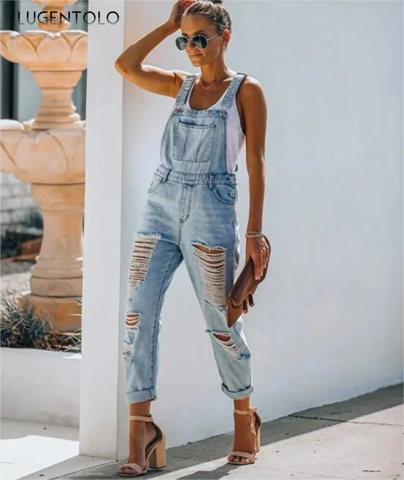 المرأة الدنيم حللا مثير ممزق Y على شكل حزام الكتف مستقيم اسطوانة جيوب مريلة السراويل موضة شارع العليا ملابس الحفلات