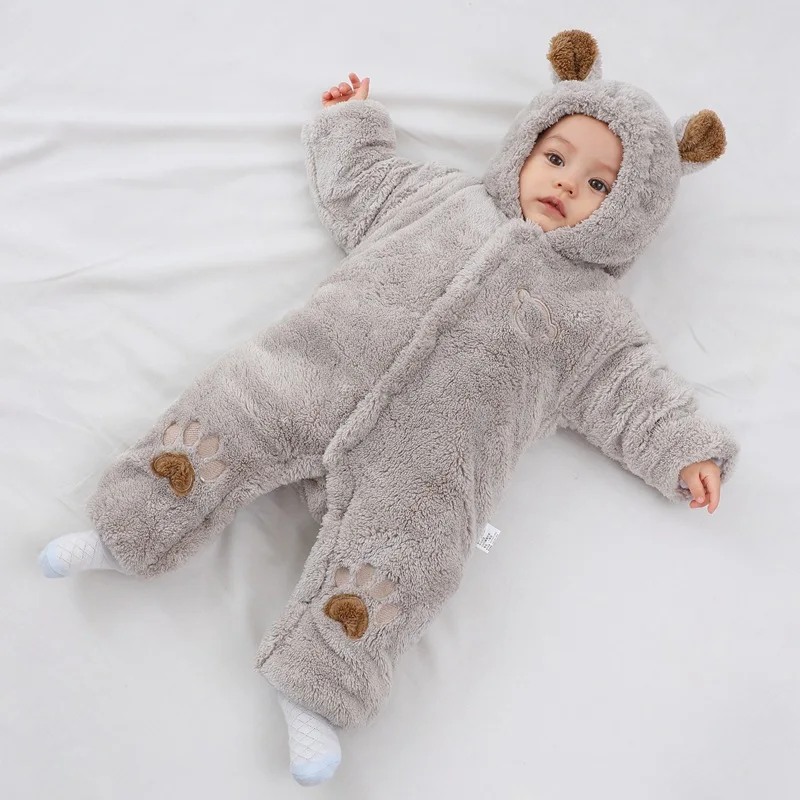 Winter Cute Baby Romper With Ears Thicken Cotton Newborn Bodysuit Hooded Baby Girls Clothes Cartoon Boys Jumpsuit 0-24 Months